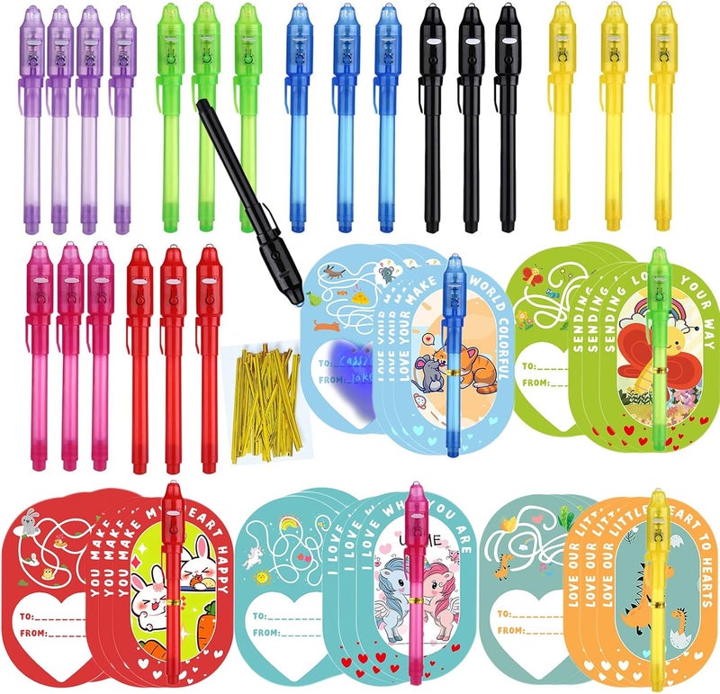 SCStyle 56 Pcs Party Favors | Valentines Day Cards 28Pcs and 28 Invisible Ink Pen with UV Light,Writing Secret Information Bag Gifts for Students Classroom Favors,Valentines Day for Kids Gifts Set - Image 1